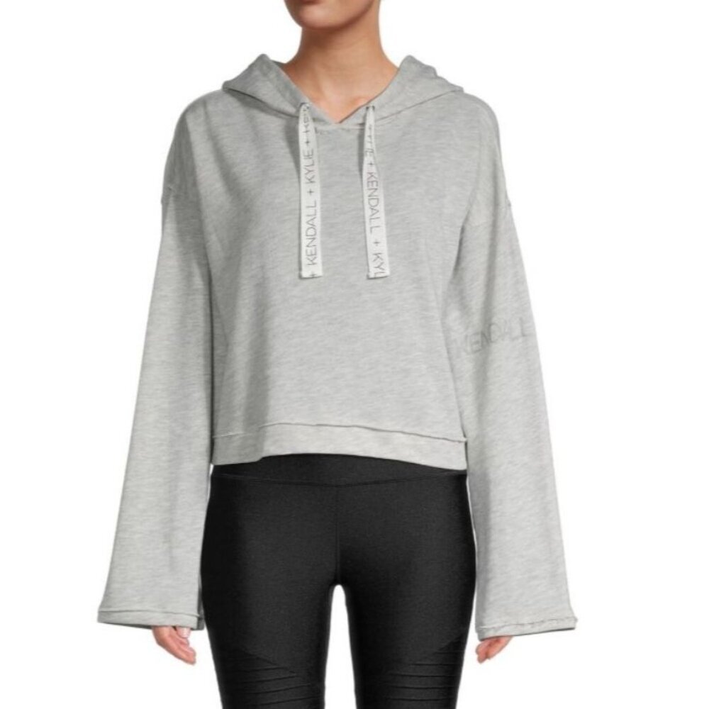Kendall + Kylie Cropped Hoodie Fleece Loose Fit‎ Wide Sleeve Heather Gray Size L